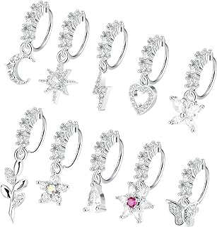 Dainty 20G Dangle Nose Rings Hoops, 10 Piece Set Silver, Stylish Copper with Zircon, for Women/Girls Featuring Butterfly, Heart, Star, Moon Designs