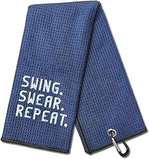 DYJYBMY Swing Swear Repeat Funny Golf Towel, Embroidered Navy Blue Golf Towels for Golf Bags with Clip, Golf Gift for Men Husband Boyfriend Dad, Birthday Gifts for Golf Fan, Funny Golf Lover Gift