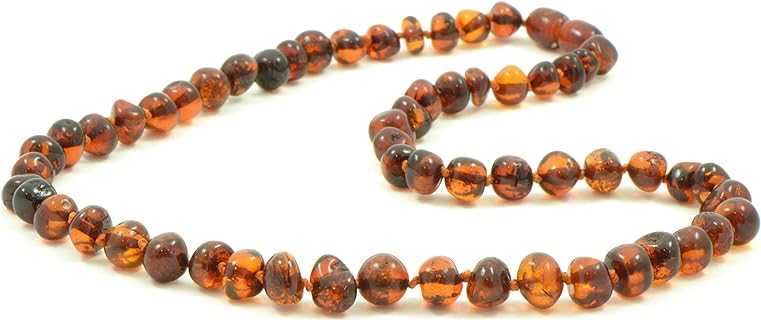 Handcrafted Baltic Amber Bead Necklace for Adults - Dark Cognac Color - Convenient Lobster Clasp - Strung on Durable Polyester - No Metal - Authentic Amber from Lithuania, 19.7in