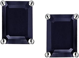 Star K Black Sapphire Stud Earrings with Push Back in White Gold - Elegant 14k Solid Gold Emerald-Cut 8x6 mm Sapphire Earring Studs