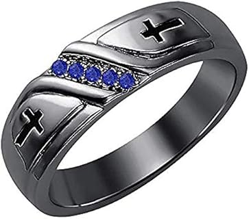 Classic 5-Stone Sapphire Men's Cross Wedding Ring in 14k Black Gold Over Sterling Silver - Perfect and Elegant Gift for Stylish Men