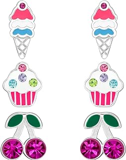 AUBE JEWELRY Hypoallergenic 925 Sterling Silver Dessert Ear Studs Set - Ice Cream, Cupcake and Cherry Stud Earrings with Comfort Fit Push Back Closings