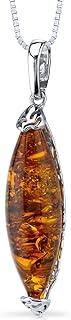 PEORA Genuine Baltic Amber Designer Pendant Necklace and Earrings in Sterling Silver, Rich Cognac Color