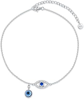 Women's Sterling Silver Evil Eye Ankle Bracelet with Box Chain and Lobster Claw Clasp, Embellished with Zircon Gemstones