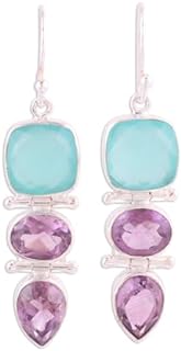 NOVICA Artisan Handmade Amethyst Chalcedony Dangle Earrings from India Sterling Silver Blue Purple Birthstone [1.9 in L x 0.4 in W x 0.2 in D] ' Glittering Muse'