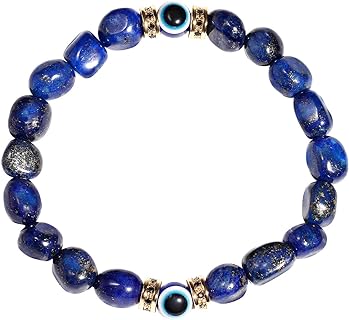 Jewever Real Lapis Lazuli with Evil Eye Beaded Bracelets Stretch Tumbled Chips Stones Reiki Bracelet for Women Men Lucky Positivity Mens Bracelet