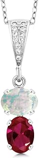 Gem Stone King 925 Sterling Silver White Simulated Opal and Red Created Ruby Pendant Necklace For Women (2.27 Cttw, Gemstone October Birthstone, Oval Cabochon 8x6MM, with 18 Inch Chain)