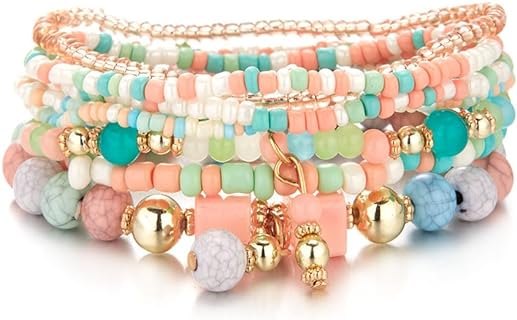 8-Piece Women's Adjustable Rice Bead Chain Bracelet Set in Bohemian Multicolour - Zinc Alloy Material Design