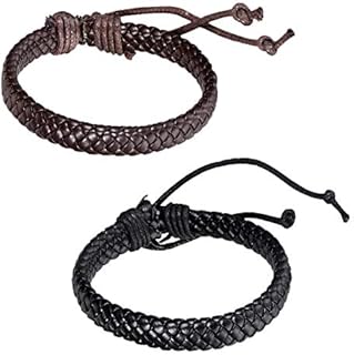 Flongo 2PCS Men's Womens Braided Black & Brown Leather Rope Woven Wrap Surfer Cuff Bracelets Set, Fit 7.6-10.6 inch Wrist