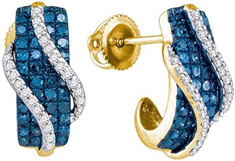 The Diamond Deal 10kt Yellow Gold Womens Round Blue Color Enhanced Diamond Half J Hoop Earrings 1.00 Cttw
