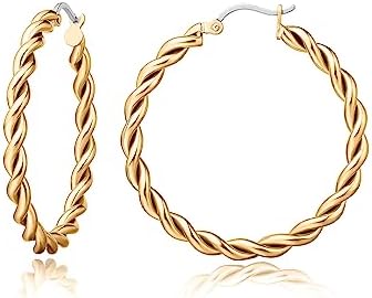 Limerencia Hypoallergenic Pure Titanium Twisted Rope Round Hoop Earrings for Women (35mm Twisted Rope Hoop, Gold Plated)
