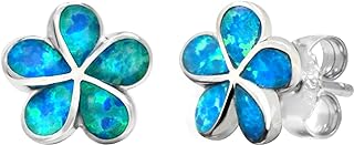 Push Back Sterling Silver Plumeria Stud Earrings with Simulated Blue Opal for Elegant Women with Floral Design
