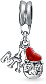 Kitten Pet Animal Lover Red Heart Saying Words I Love My Cat Dangle Charm Bead For Women For Teen .925 Sterling Silver Fits European Bracelet