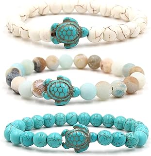 3-Piece Unisex Sea Turtle Beaded Bracelet with Rope Chain & Hidden Safety Clasp, Featuring Natural Stones & Turquoise Beads - Perfect for Beach Lover's Surfer Lifestyle