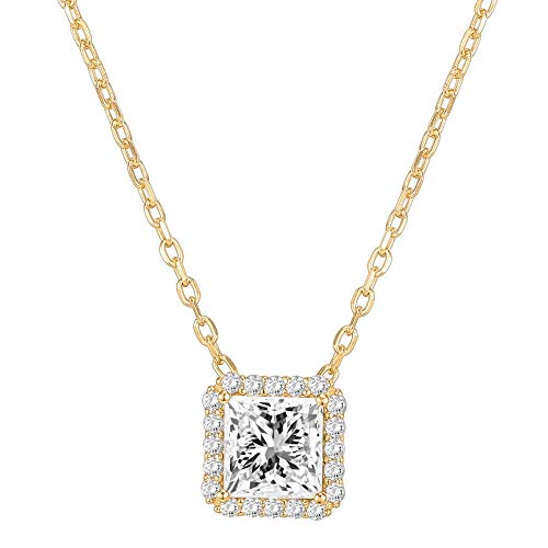 14K Gold Plated Post Faux Diamond Round Solitaire Pendant Halo Necklace | Gold Necklace for Women | Slider Adjustable