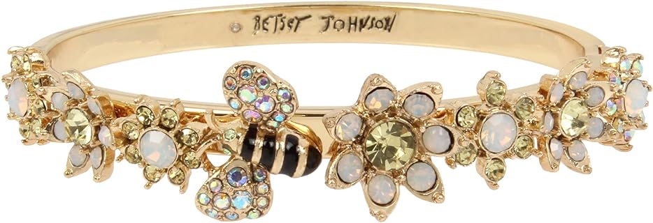 Betsey Johnson Women's Enchanting Bumble Bee and Mixed Stone Flowers Motif Hinged Bangle Bracelet, Made with High-Quality Glass and Metal, No Clasp or Chain