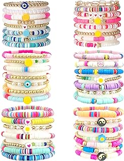 WAINIS 44 Pcs Preppy Bracelets Set Colorful Heart Star Evil Eye Beaded Polymer Clay Pearl Stackable Charm Y2K Kidcore Summer Beach Bohemian Layering Bracelets for Women