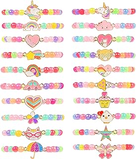 20 Pcs Colorful Unicorn Bracelet Girls Rainbow Unicorn Heart Beaded Bracelet Stretchy Costume Jewelry Set Party Favors Gifts Friendship Bracelets for Kids Little Girls (Bead Style)