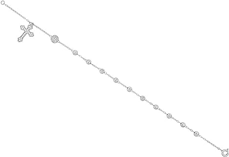 Sterling Silver Rosary Bracelet Diamond Cut Beads Cubic Zirconia Stones, 7-8 inch
