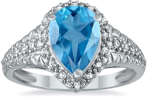 10K White Gold 2ct Pear Shaped Blue Topaz and Diamond Engagement Ring for Her, Elegant Design