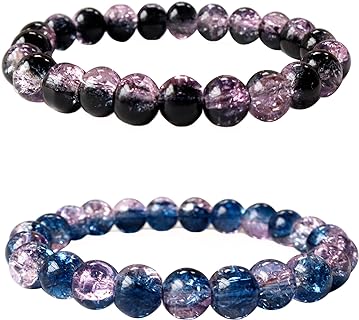Stretch Bead Bracelets with Bead Chain and Agate Gems for Women and Men – Round Design Healing Crystal Jewelry Gift 2pcs Set