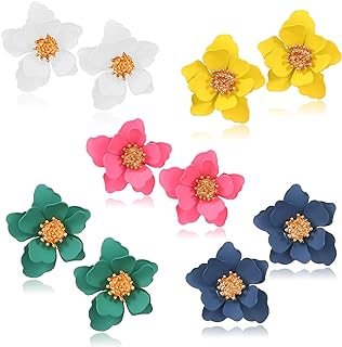 Women's Mintolex Matte Stud Earrings featuring Layered Acrylic Flower Petals, Zinc Flower Buds, Push Back Mechanism in Diverse Summer Color Palette - Set of 5 Pairs
