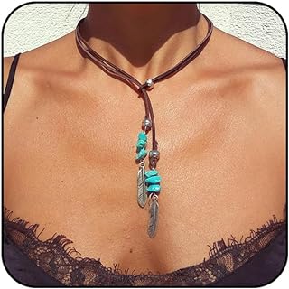 Boho Choker Necklace for Women Brown Suede Choker Necklace Western Cowgirl Choker Necklace Turquoise Coin Leather Choker Western Boho Necklaces for Girls