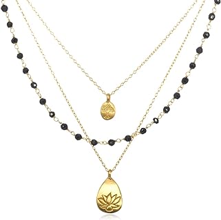Satya Jewelry Classics Onyx Lotus and Tree of Life Triple-Chain Necklace (18-Inch)