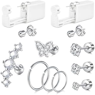 Stainless Steel Self Piercing Hoop Earrings with Cubic Zirconia, JIESIBAO Cartilage Ear Piercing Gun Kit, Featuring Versatile Gold & Silver Studs and Hoops for Stylish Piercing Enthusiasts, Unique Design