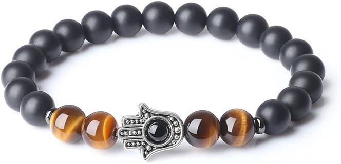 Dzi Bead Bracelet with Elastic String and Magnetic Clasp, Onyx Gem for Unisex, Hamsa Design