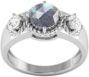 7MM Round Labradorite Gemstone in 925 Sterling Silver Wedding Band with Three Stone CZ Design, Size 5