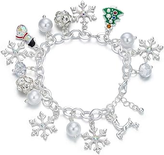 RareLove Cute Christmas Charm Bracelet Silver Plated Snowflake Xmas Tree Reindeer Snowman Faux Pearl CZ Bling Beads Chain Link Adjustable Holiday For Women Girls