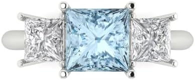 2.62 ct Princess Cut Natural Aquamarine 18K White Gold Three-Stone Wedding Engagement Bridal Promise Ring