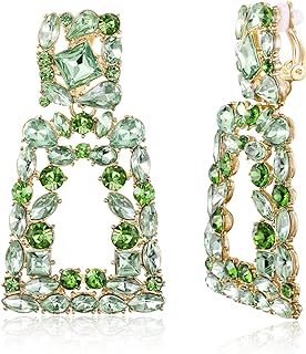 Flyonce Rectangle Clip-on Drop Earrings for Women, Sparkly Rhinestone Crystal Geometric Statement Non Pierced Earrings
