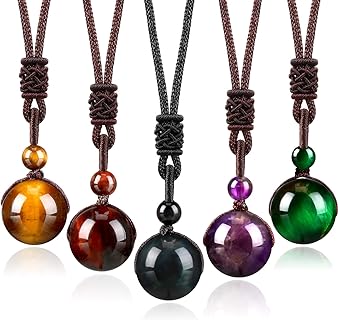 Yaomiao Tiger Eye Chakra Round Bead Pendant Necklaces Natural Quartz Amethyst Obsidian Turquoise Healing Crystal Pendant with Adjustable Nylon Rope