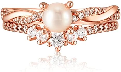 Pearl Ring Rose Gold Ring for Women - Cubic Zirconia Vintage Stackable Pearl Ring Set - Dainty Elegant Sterling Silver Engagement Promise Rings for Her