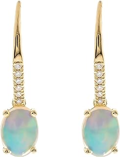14K Yellow Gold LeverBack Earrings with Natural Ethiopian Opal and Diamond Accents for Women - Dangle Design