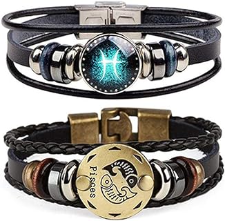 Durable Leather Zodiac Bead Bracelets with Bead Chain and S Hook Clasp for Men and Women - 2Pcs Set - Punk Style