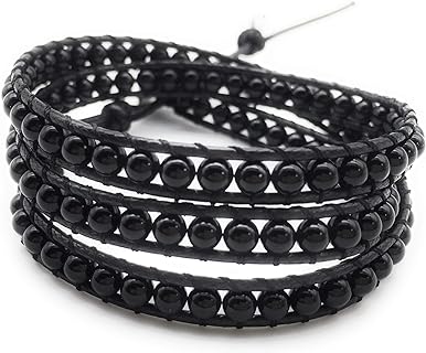 No-Clasp Natural Stone Beaded Wrap Bracelet with Rope and Cord Chain for Unisex Alloy Leather Design