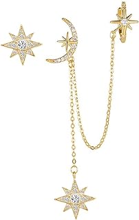 Asymmetric Moon Star CZ Ear Cuff Wrap Clip On 925 Sterling Silver Stud Long Chain Climbers Crawler Tassel Dangle Drop Threader Cartilage Hoop Earrings for Women Teen Girls Fashion Hypoallergenic Gifts Bff Daughter Girlfriend Her