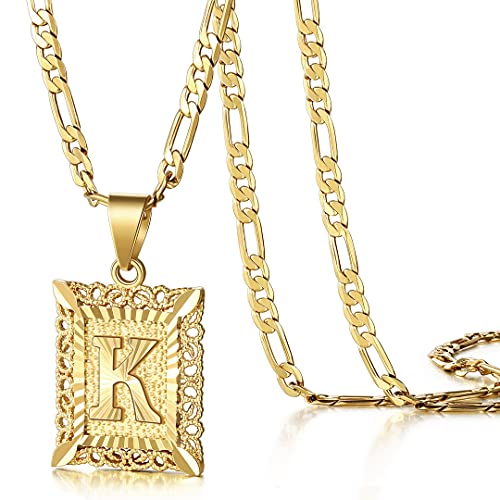 Initial Letter Pendant Necklace for Men Womens, 18K Gold Plated Square Capital Monogram Necklace Alhpabets from A-Z Figaro Chain Necklace