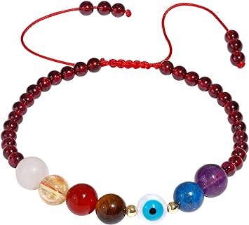Real 7 Chakra and Garnet Beaded Bracelets Anxiety Relief Meditation Crystals January Birthstone Evil Eye Bracelets for Women Energy Protection Amulet Jewelry