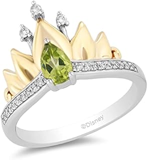 Disney Princess Tiana-Inspired Fine Jewelry: Yellow Gold & Sterling Silver Engagement Ring with White Diamond and Peridot, Water Lily Tiara Design by Jewelili Enchanted Disney