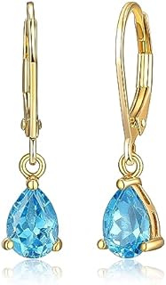 MORGAN & PAIGE 18K Gold Plated .925 Sterling Silver Swiss Blue Topaz Pear Cut 7x5mm Leverback 1" Dangle Earrings