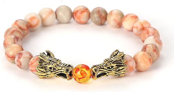 Giwotu Natural Black Lava Stone & White Howlite Buddha Dragon Beads Elastic Bracelet for Men and Women Chinese Dragon Jewelry Pretty Gifts Birthday Good Luck Spouse Family Reiki Cure Retro Charm