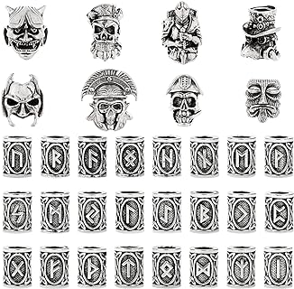 Craftshou's 32-Piece Silver Viking Beard Bead Necklace Set – Intricate Norse Designs & Unique Pirate Skull Shapes – Perfect for DIY Hair Braiding, Jewelry Making & Personalized Gifts