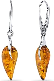 PEORA Genuine Baltic Amber Leaf Drop Pendant Necklace and Earrings for Women in Sterling Silver, Rich Cognac Color