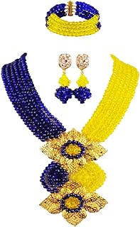 Exquisite Nigerian Glass Crystal Bead Necklace with Toggle Clasp for Women - Regal African-Inspired Design in Royal Blue and Yellow
