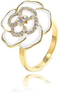 Camellia Flower Ring Promise Wedding Statement for Women Girls Cubic Zirconia Open Adjustable Rings Engagement Flowers Rose Jewelry Birthday Anniversary Cocktail Party Mother's Day Gifts