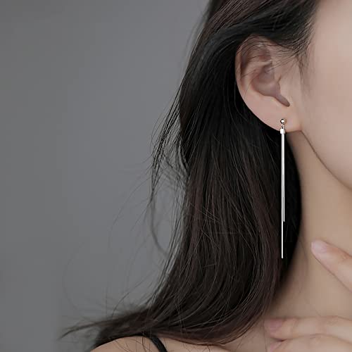 Reffeer Solid 925 Sterling Silver Tassel Chain Dangle Earrings for Women Girls Long Dangle Drop Earrings Line Minimalist